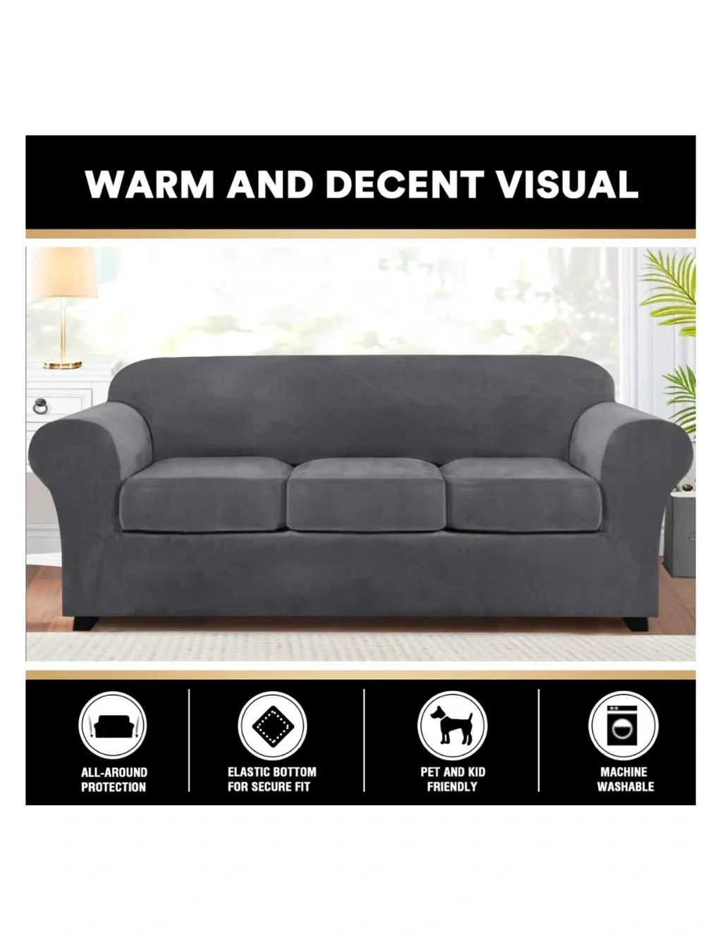 Modern Sofa Slipcover Pet-Friendly 3 Pc. Set SIZE LARGE 72-90” - GRAY VELVET